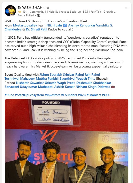 Er Yash Shah about MyStartupValley Pune Edition 2026